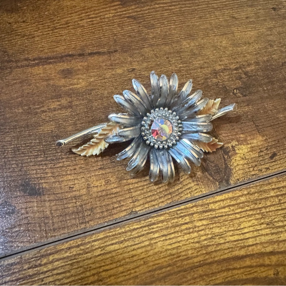 Vintage Coro Flower Brooch Silvertone Aurora Borealis Daisy Pin Jewelry